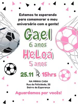 Convite Aniversário Duplo Futebol Menino e Menina para Editar
