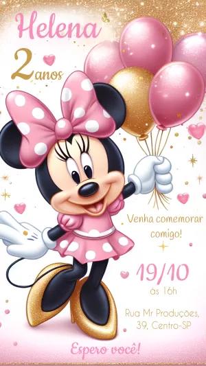 Convite Aniversário Minnie Rosa e Dourado para Editar Online