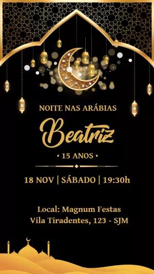 Convite Festa Árabe Dourado e Preto para Editar Online