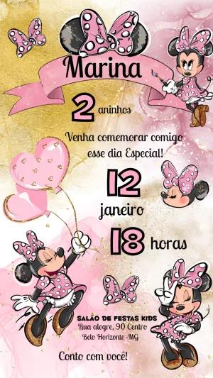 Convite Aniversário Minnie Rosa e Dourado para Editar Online