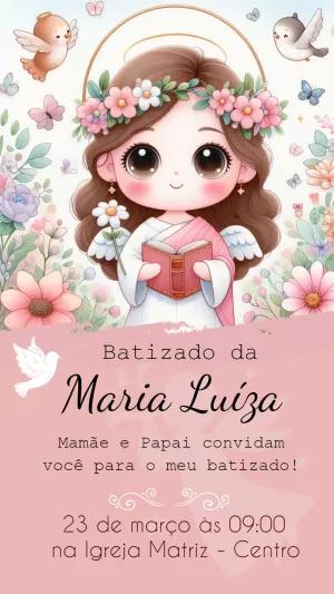Convite de Batizado Menina Anjinha Delicada para Editar Online
