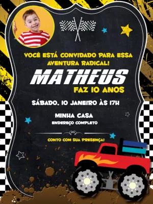 Convite Aniversário Monster Truck com Foto para Editar Online