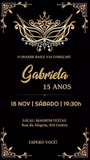 Convite de 15 Anos Baile de Máscaras Dourado para Editar Online