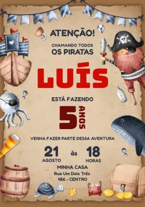 Convite de Aniversário Pirata Infantil para Editar Online
