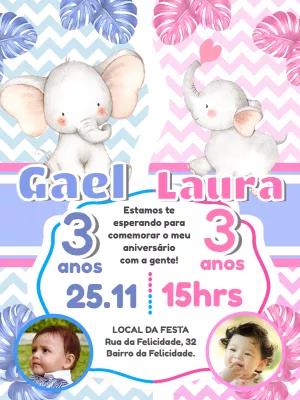 Convite Aniversário Duplo Elefantes Azul e Rosa para Editar