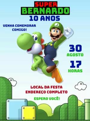 Convite Aniversário Super Mario Luigi com Yoshi para Editar Online