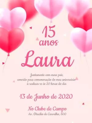 Convite 15 Anos Balões de Coração Rosa para Editar Online