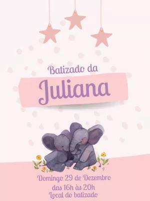 Convite de Batizado Elefantinha Rosa para Editar Online