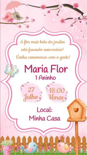 Convite Aniversário Jardim Encantado com Passarinhos para Editar