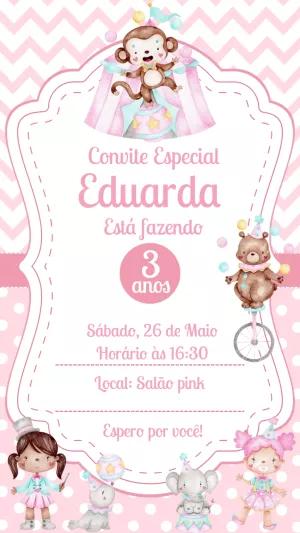 Convite Aniversário Circo Rosa Aquarela para Editar Online
