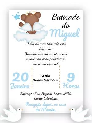 Convite de Batizado Ursinho Anjo para Editar Online e Imprimir