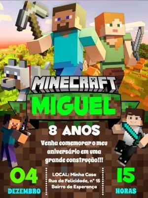 Convite Aniversário Minecraft com Personagens para Editar