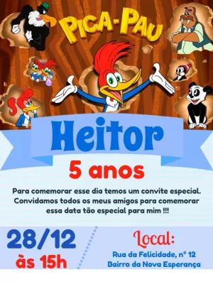 Convite de Aniversário Pica-Pau com Personagens para Editar