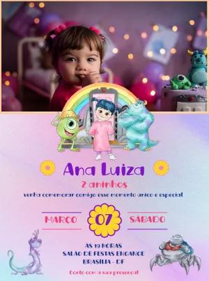 Convite de Aniversário Monstros S.A. com Foto para Editar