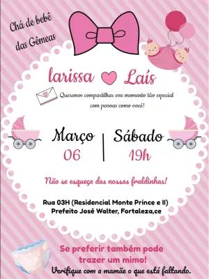 Convite Chá de Bebê Gêmeas Rosa com Laço para Editar Online