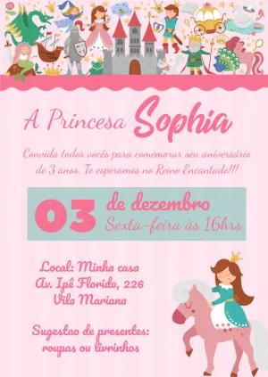 Convite de Aniversário Princesa e Castelo para Editar Online