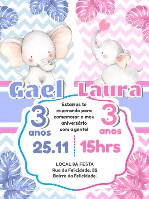 Convite Aniversário Duplo Elefantinhos Azul e Rosa para Editar