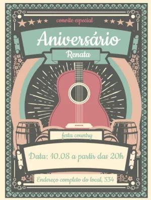 Convite de Aniversário Country com Violão para Editar Online