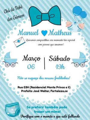 Convite Chá de Bebê Gêmeos Meninos com Laço Azul para Editar