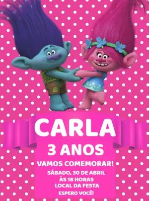 Convite de Aniversário Trolls com Personagens para Editar