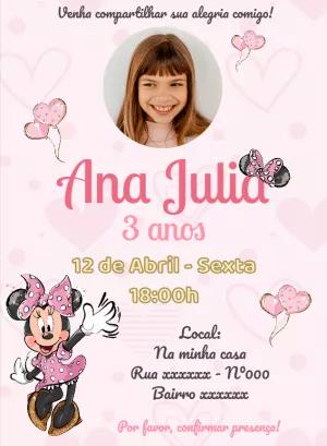 Convite Aniversário Minnie Rosa com Foto para Editar Online