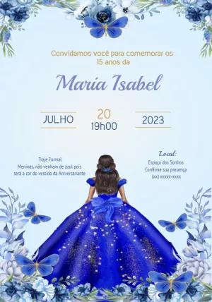 Convite 15 Anos Floral Azul com Borboletas para Editar Online