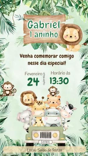 Convite Aniversário Safari com Animais Fofos para Editar Online