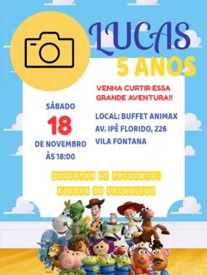 Convite Aniversário Toy Story com Foto para Editar Online