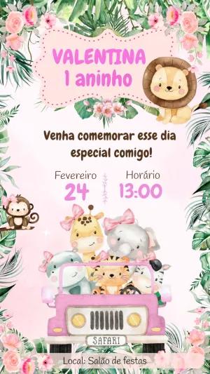 Convite de Aniversário Safari Baby Menina para Editar Online