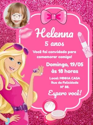 Convite Aniversário Barbie Glitter com Foto para Editar Online