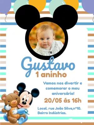 Convite Aniversário Mickey Baby com Foto para Editar Online