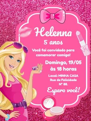 Convite Aniversário Barbie Glitter Rosa para Editar Online