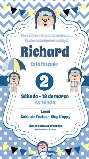 Convite Aniversário Ursinho Aviador para Editar Online