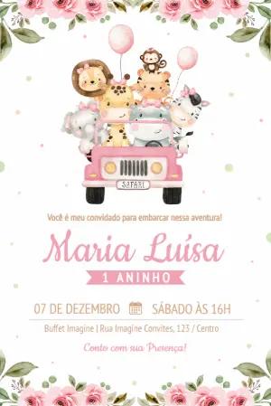 Convite Aniversário Safari Menina Rosa Aquarela para Editar