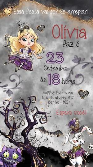 Convite Aniversário Alice Gótica para Editar Online