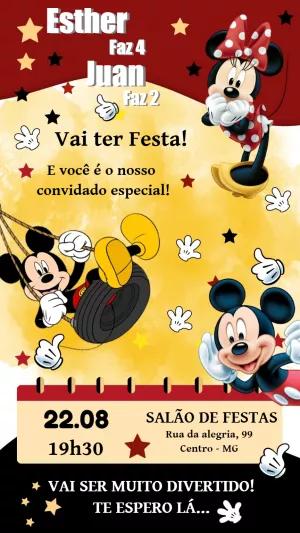 Convite de Aniversário Mickey e Minnie para Editar Online