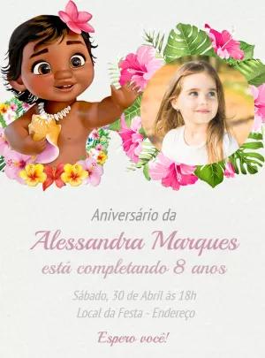 Convite Aniversário Moana Baby com Foto Floral para Editar