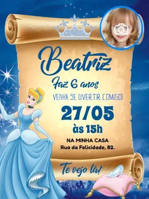 Convite Aniversário Cinderela com Foto para Editar Online