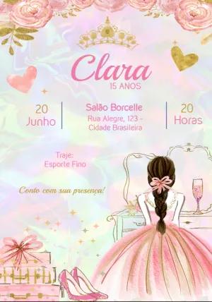 Convite 15 Anos Princesa Aquarela Dourada para Editar Online