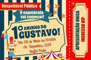 Convite de Aniversário Circo Ingresso para Editar Online