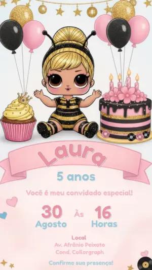 Convite de Aniversário Abelhinha Rosa e Dourado para Editar