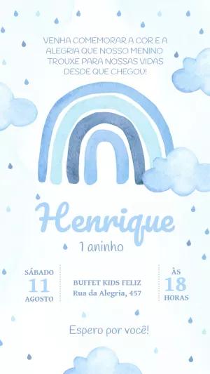 Convite Aniversário Arco-íris Azul Aquarela para Editar Online