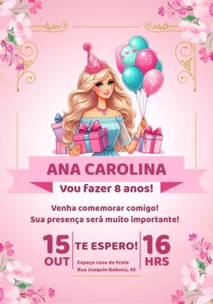 Convite de Aniversário Barbie Rosa para Editar Online