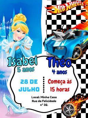 Convite Aniversário Duplo Cinderela e Hot Wheels para Editar