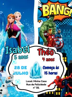 Convite Aniversário Duplo Frozen e Vingadores para Editar Online
