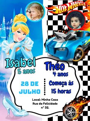 Convite Aniversário Duplo Cinderela e Hot Wheels para Editar