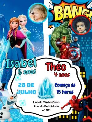 Convite Aniversário Duplo Frozen e Vingadores para Editar