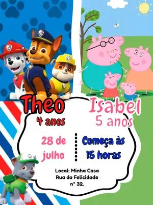 Convite Aniversário Duplo Patrulha Canina e Peppa para Editar