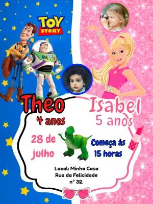 Convite Aniversário Duplo Toy Story e Barbie com Foto para Editar