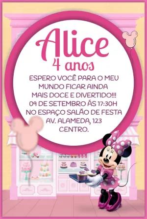Convite Aniversário Minnie Confeiteira Servindo Doces para Editar